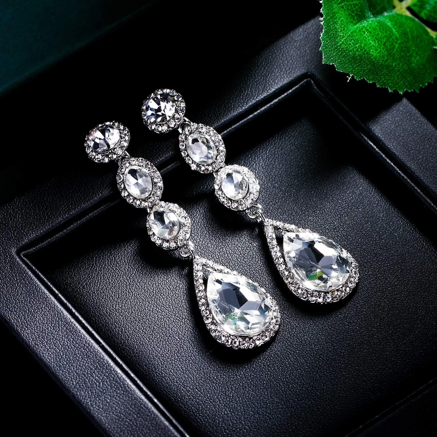 Flyonce Wedding Bridal Rhinestone Crystal Multi Teardrop Pierced Dangle Earrings