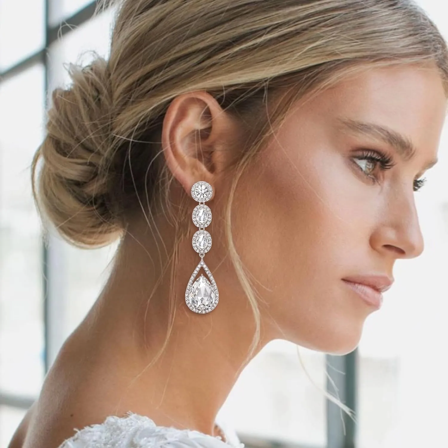 Flyonce Wedding Bridal Rhinestone Crystal Multi Teardrop Pierced Dangle Earrings