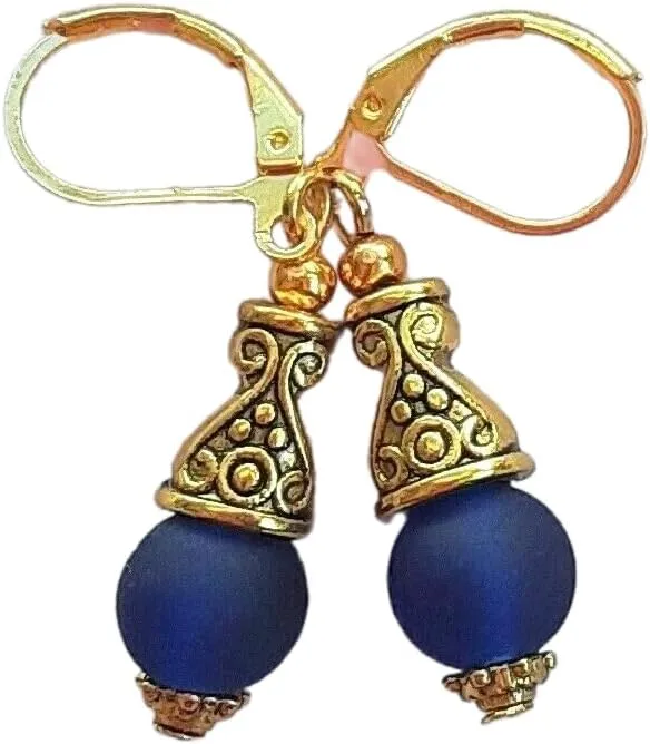 Frosted Glass Bali Style Drops Hand Gold Plated Navy Blue Artisan Earrings Jewelry Handmade Dangle Leverback Vintage Crafted For Women