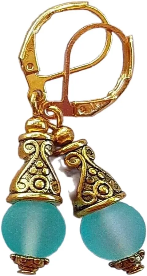 Frosted Glass Bali Style Drops Hand Gold Plated Powder Blue Artisan Earrings Jewelry Handmade Dangle Leverback Vintage Crafted For Women