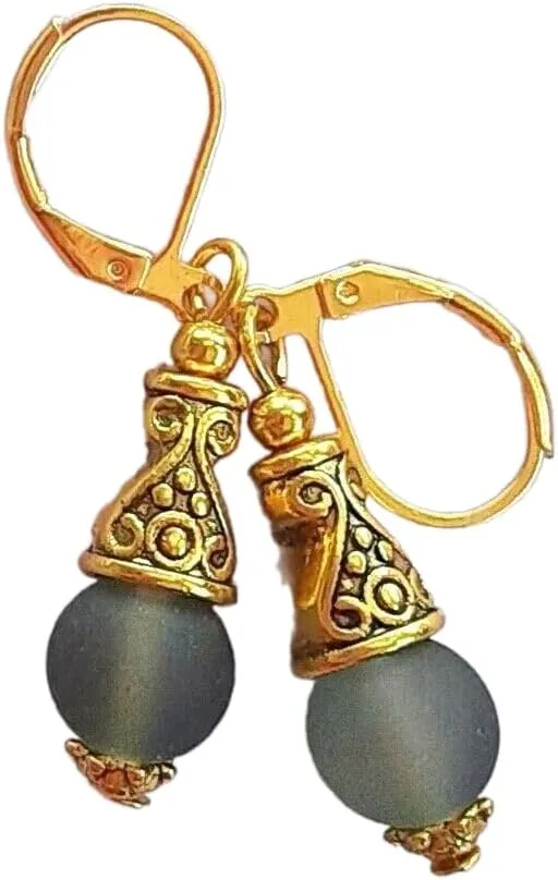 Frosted Glass Bali Style Drops Hand Gold Plated Smokey Grey Artisan Earrings Jewelry Handmade Dangle Leverback Vintage Crafted For Women