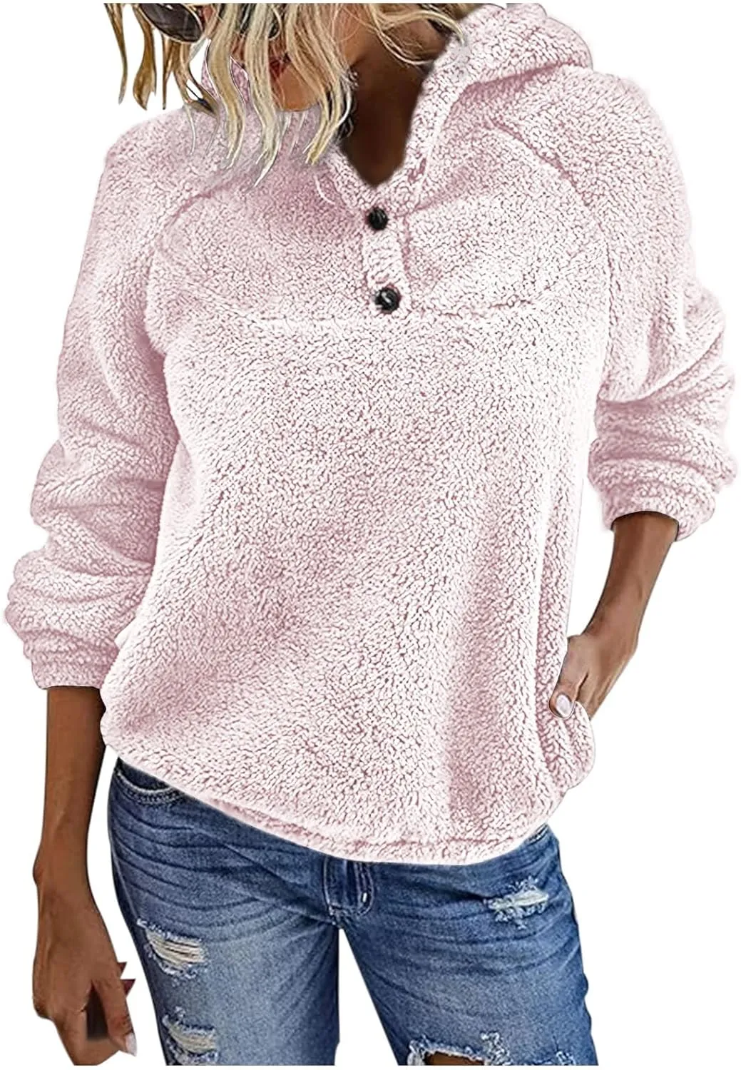 Fuzzy Fleece Hoodie for Women Oversized Sherpa Pullover Sweatshirt Thermal Sweater Winter Outerwear Fluffy Teddy Coat