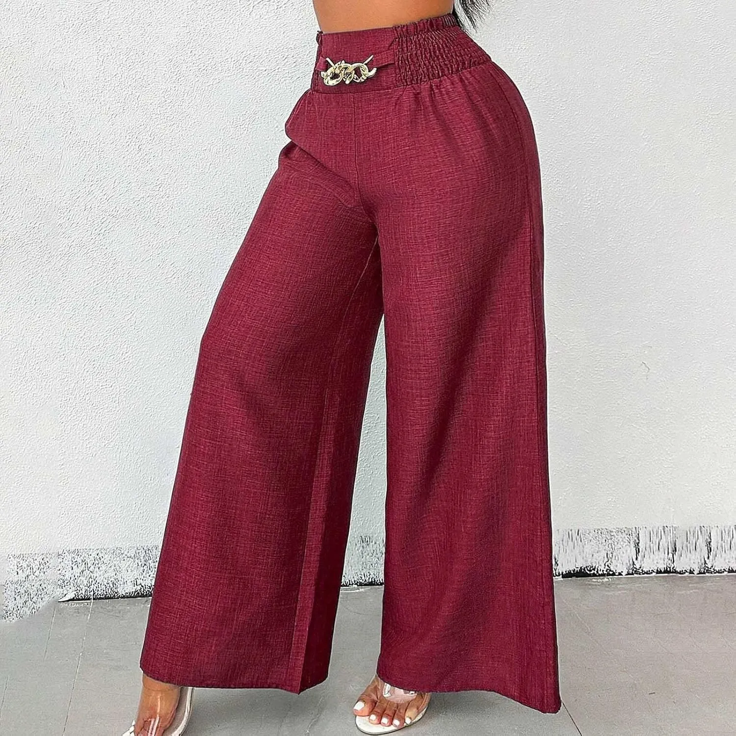 FZVYD Women Baggy Pants Wide Leg Pants Elastic High Waist Pants Retro Office Pants 2025 Summer Cotton Linen Palazzo Trousers