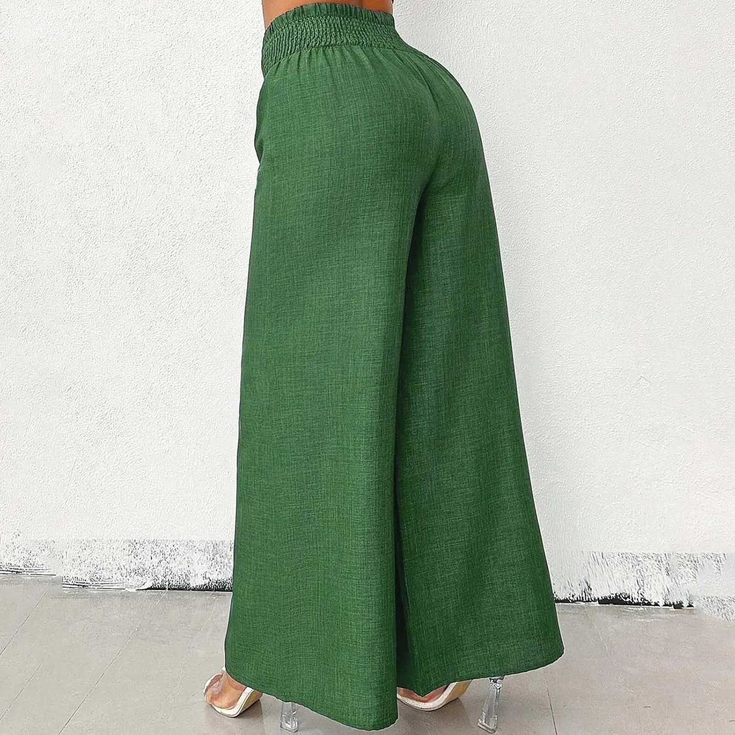 FZVYD Women Baggy Pants Wide Leg Pants Elastic High Waist Pants Retro Office Pants 2025 Summer Cotton Linen Palazzo Trousers