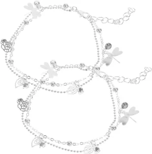 GALPADA 2pcs Fashion Anklets Double Layer Chain Anklets for Women Silver Wide Bracelets Beach Jewelry
