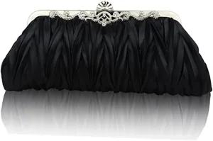GALPADA Purse Handbag Women's Black Clutch Purses Satin Pleated Design for Wedding Party