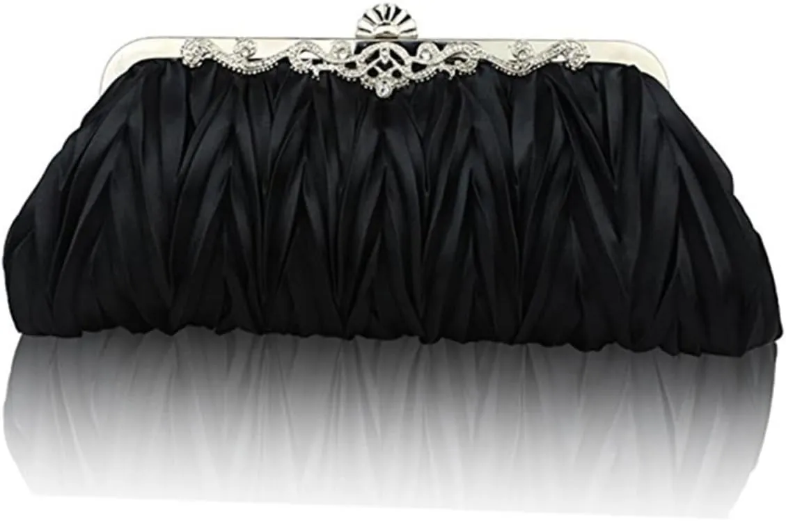 GALPADA Purse Handbag Women's Black Clutch Purses Satin Pleated Design for Wedding Party