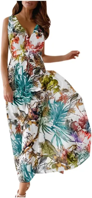 Garden Party Dresses for Women Womens Summer Tropical Dress Boho Floral Print Sleeveless Vneck Hawaiian Maxi Dresses