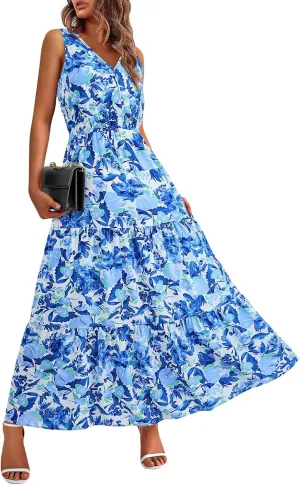 Garden Party Dresses for Women Womens Summer Tropical Dress Boho Floral Print Sleeveless Vneck Hawaiian Maxi Dresses