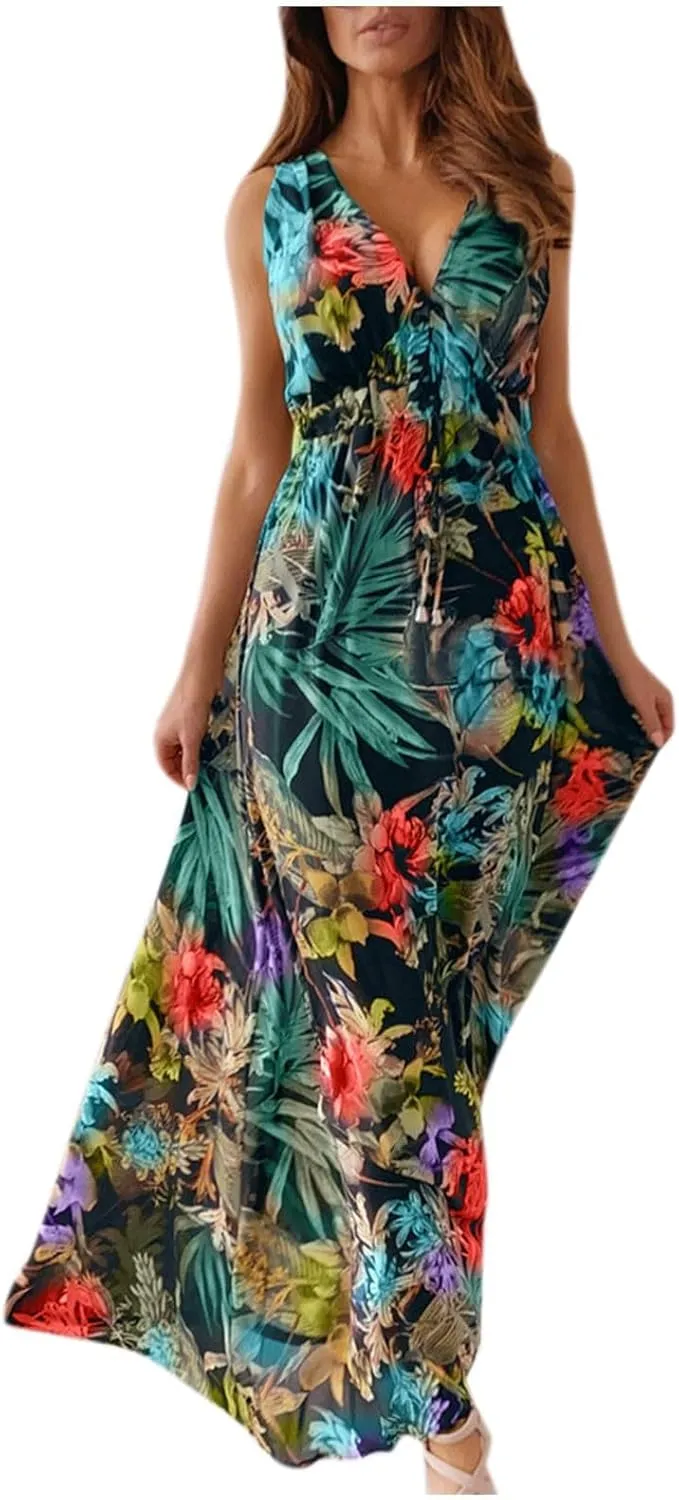 Garden Party Dresses for Women Womens Summer Tropical Dress Boho Floral Print Sleeveless Vneck Hawaiian Maxi Dresses