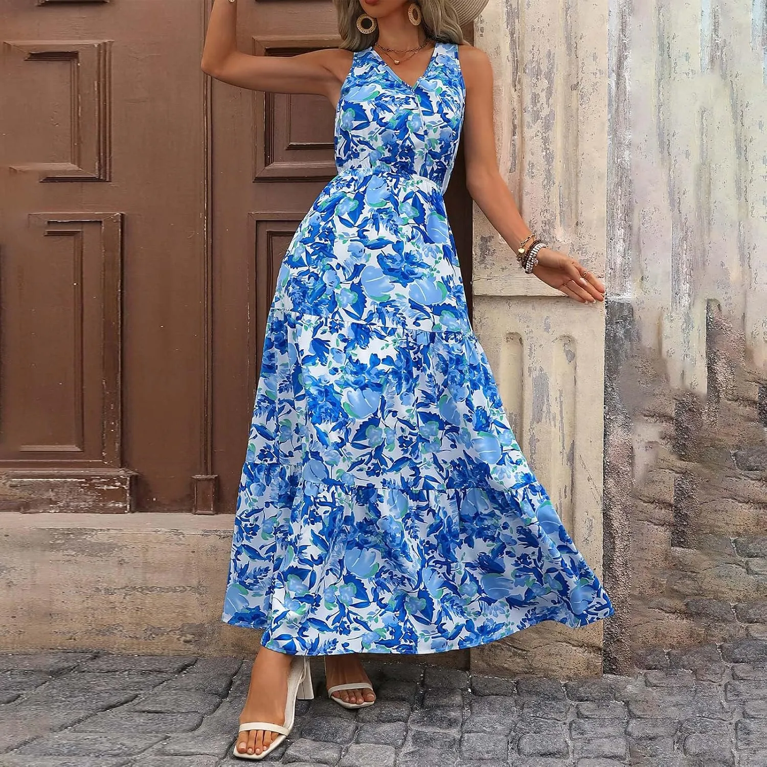 Garden Party Dresses for Women Womens Summer Tropical Dress Boho Floral Print Sleeveless Vneck Hawaiian Maxi Dresses