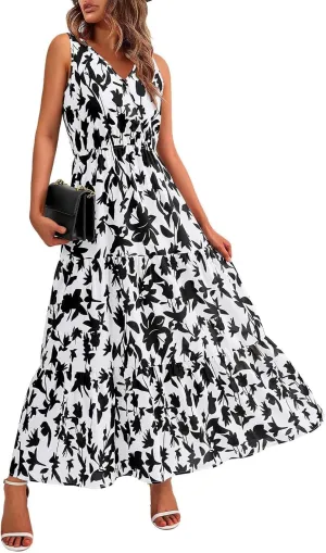 Garden Party Dresses for Women Womens Summer Tropical Dress Boho Floral Print Sleeveless Vneck Hawaiian Maxi Dresses