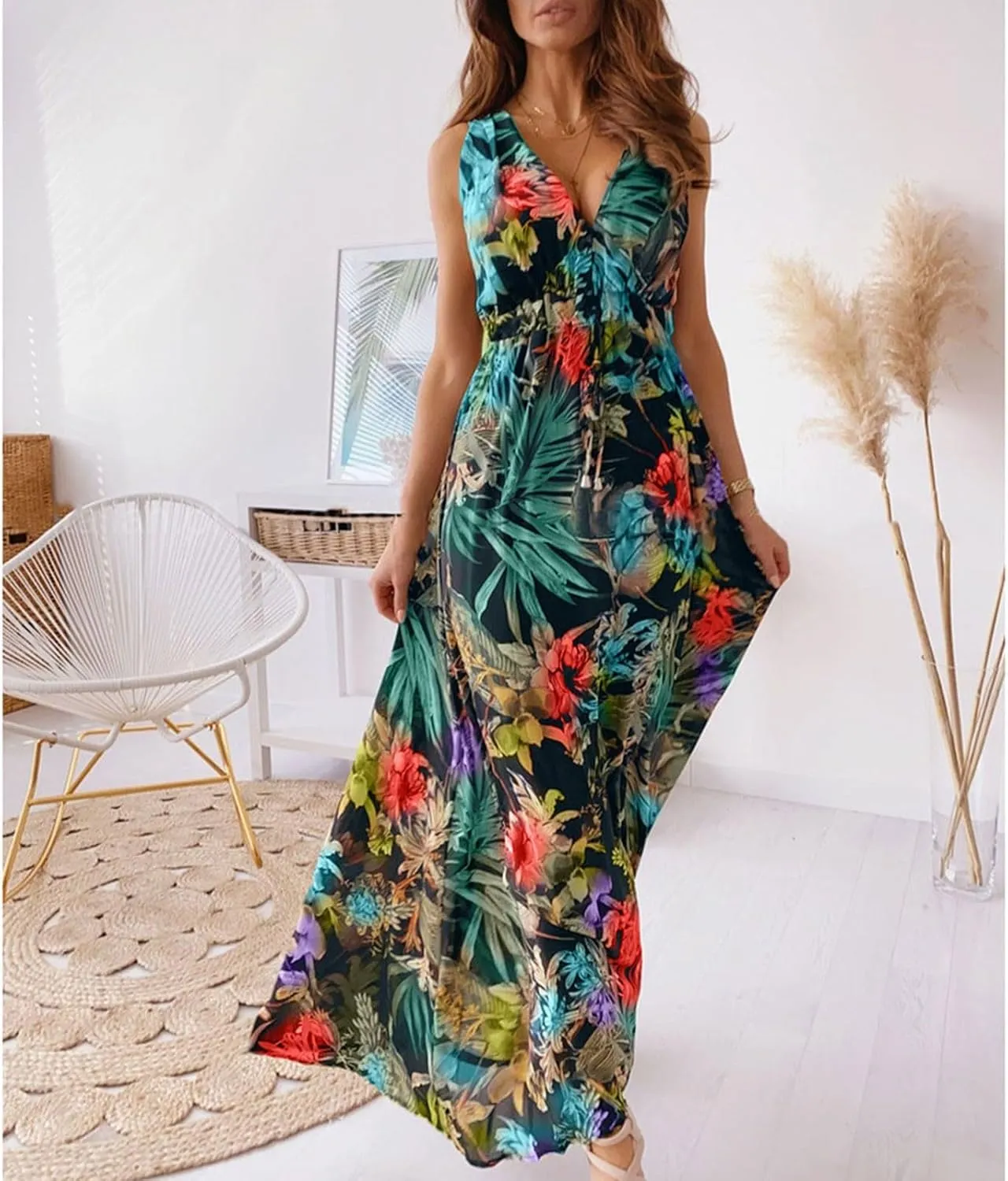 Garden Party Dresses for Women Womens Summer Tropical Dress Boho Floral Print Sleeveless Vneck Hawaiian Maxi Dresses