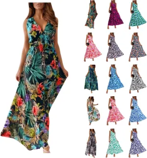Garden Party Dresses for Women Womens Summer Tropical Dress Boho Floral Print Sleeveless Vneck Hawaiian Maxi Dresses