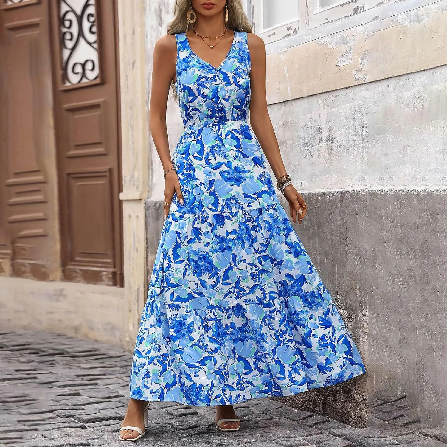Garden Party Dresses for Women Womens Summer Tropical Dress Boho Floral Print Sleeveless Vneck Hawaiian Maxi Dresses