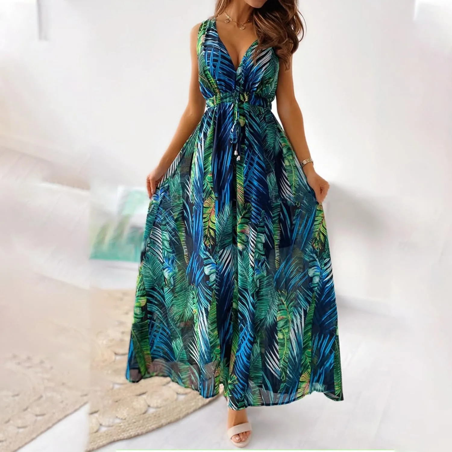 Garden Party Dresses for Women Womens Summer Tropical Dress Boho Floral Print Sleeveless Vneck Hawaiian Maxi Dresses