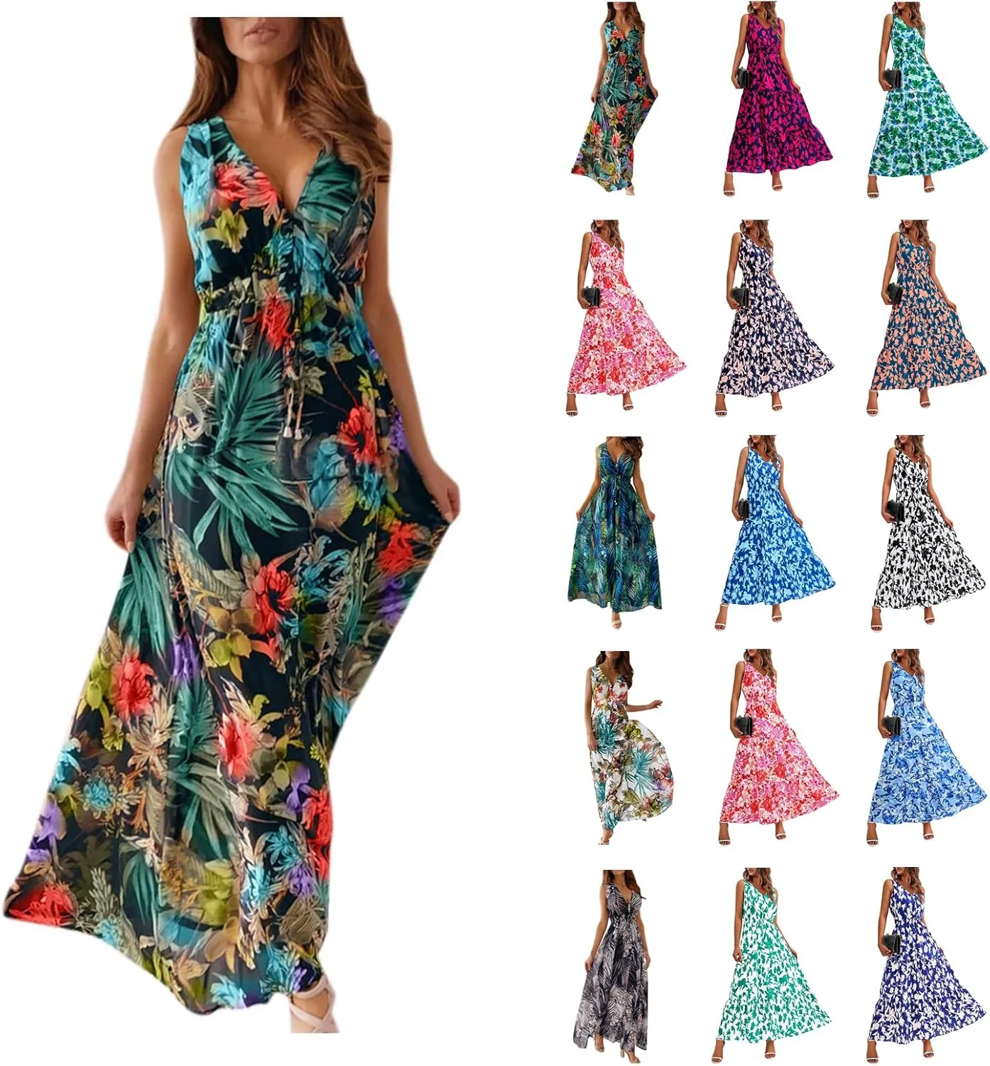 Garden Party Dresses for Women Womens Summer Tropical Dress Boho Floral Print Sleeveless Vneck Hawaiian Maxi Dresses