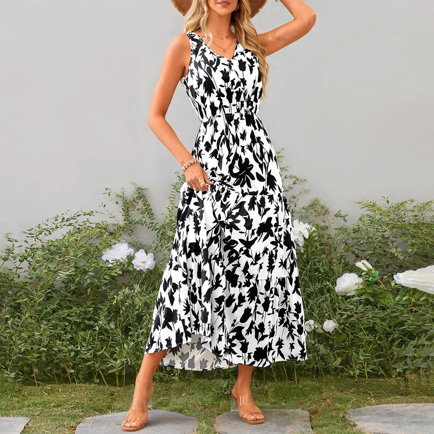Garden Party Dresses for Women Womens Summer Tropical Dress Boho Floral Print Sleeveless Vneck Hawaiian Maxi Dresses