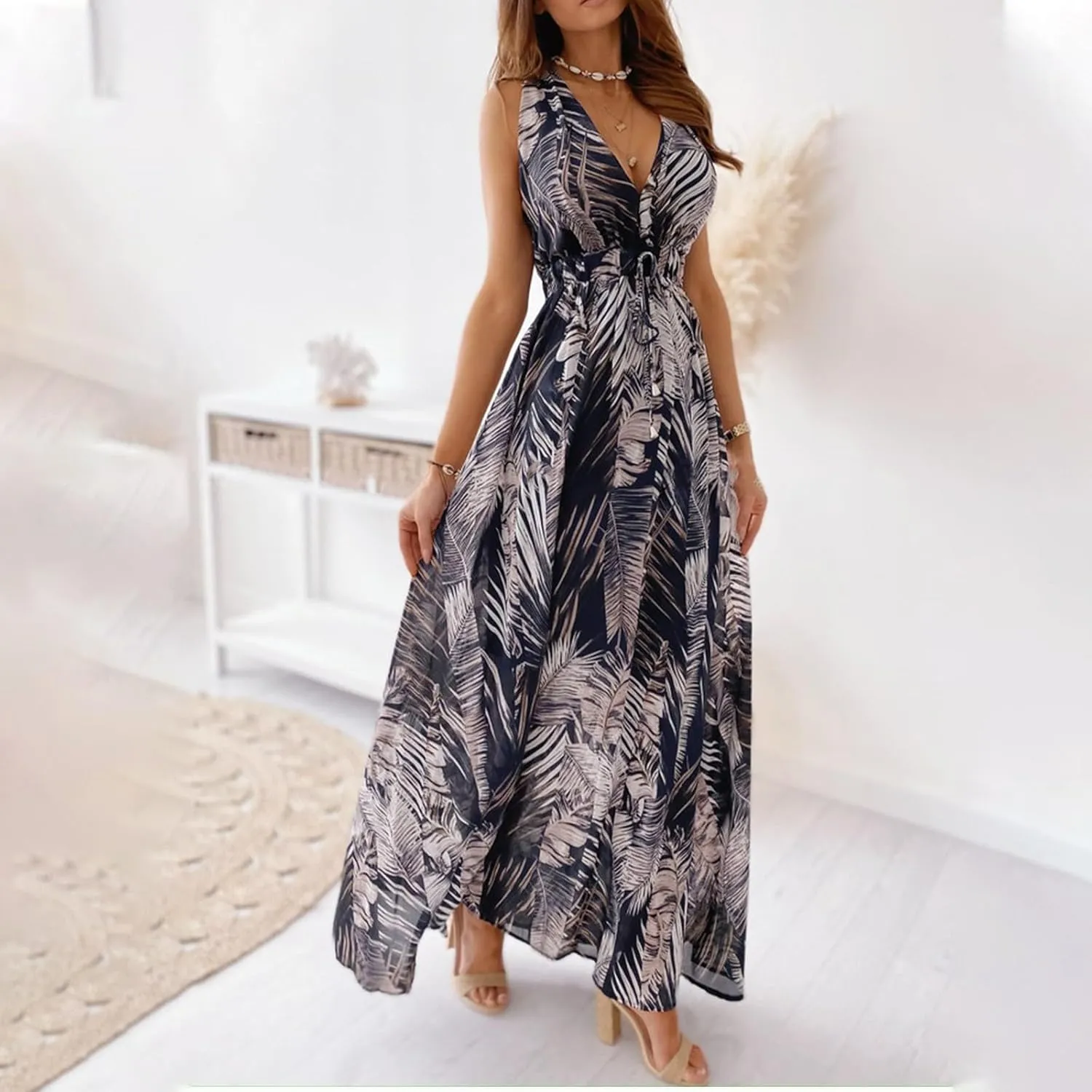 Garden Party Dresses for Women Womens Summer Tropical Dress Boho Floral Print Sleeveless Vneck Hawaiian Maxi Dresses