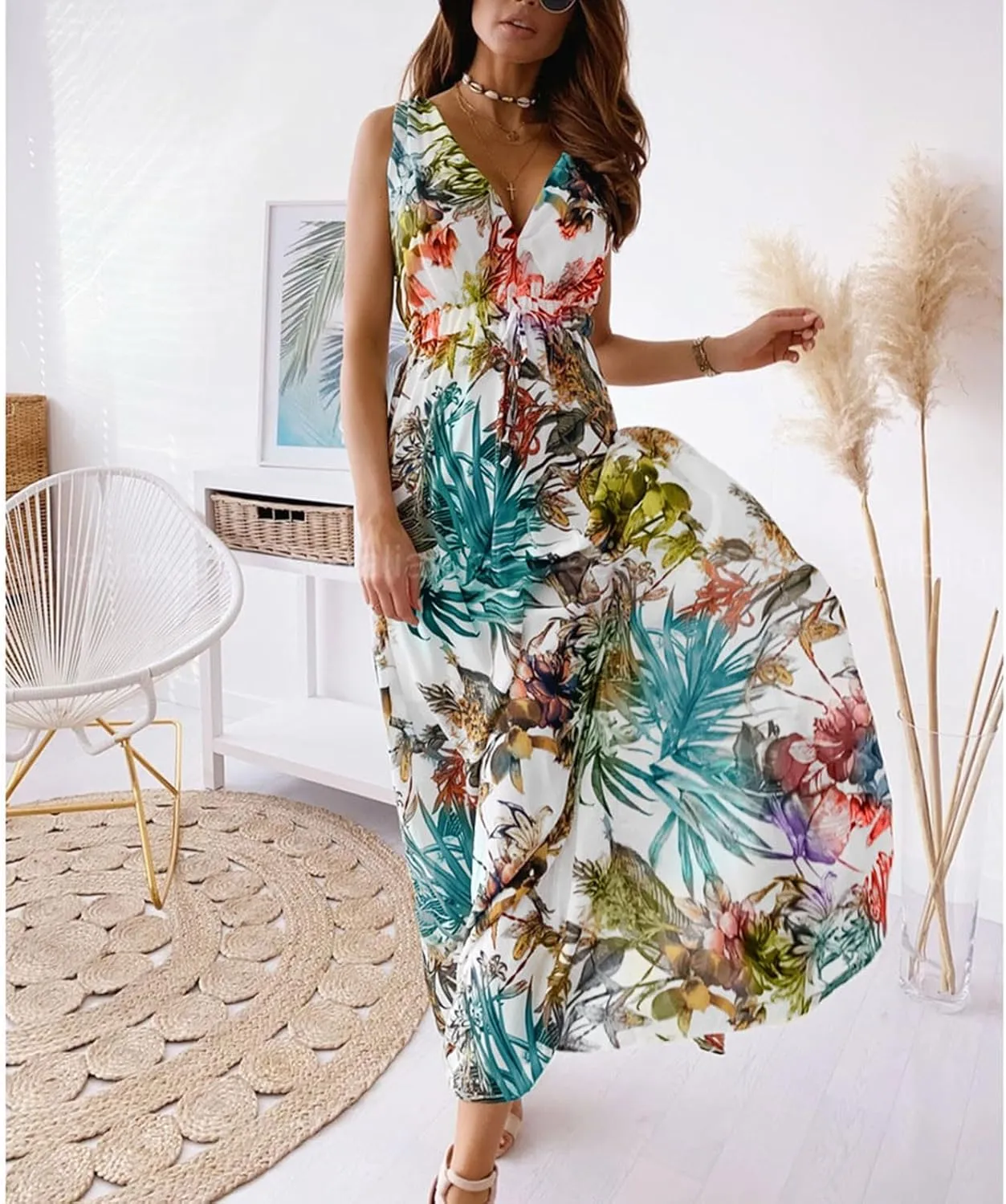Garden Party Dresses for Women Womens Summer Tropical Dress Boho Floral Print Sleeveless Vneck Hawaiian Maxi Dresses