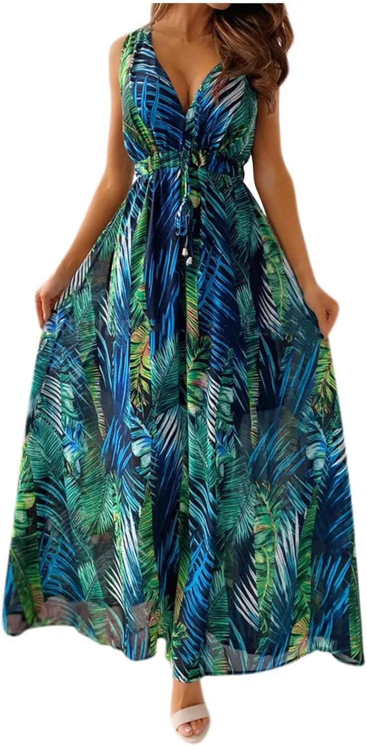 Garden Party Dresses for Women Womens Summer Tropical Dress Boho Floral Print Sleeveless Vneck Hawaiian Maxi Dresses