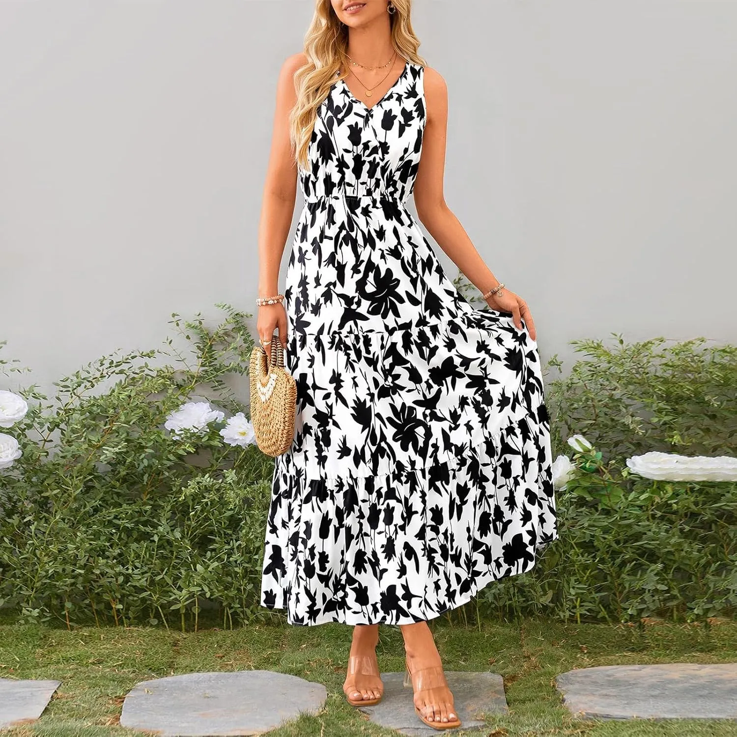 Garden Party Dresses for Women Womens Summer Tropical Dress Boho Floral Print Sleeveless Vneck Hawaiian Maxi Dresses