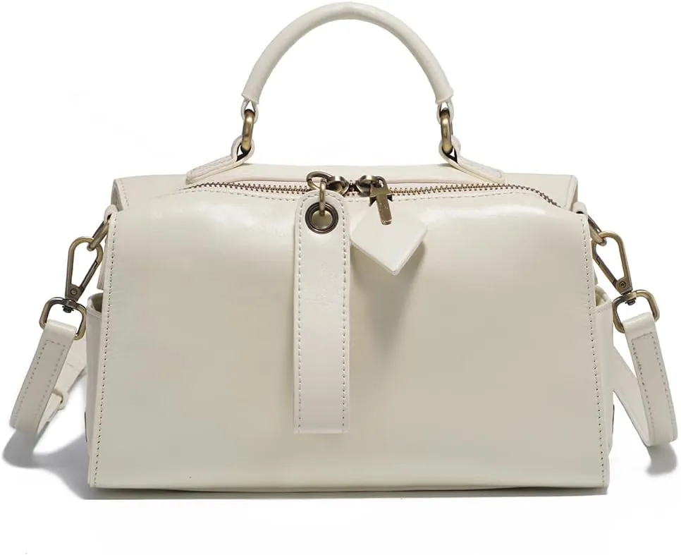 Genuine Leather Boston Bags for Women, Crossbody Bags Vintage Top Handle Satchels for Ladies with Two adjustable Straps