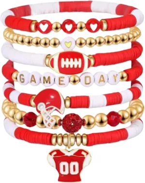 Gold Bracelets Game Day Bracelets for Women Football Bracelets Red Black Blue Clay Beaded Stretch Bracelets Stackable Sports Football Charm Bracelet Bangles Accessories Outfits