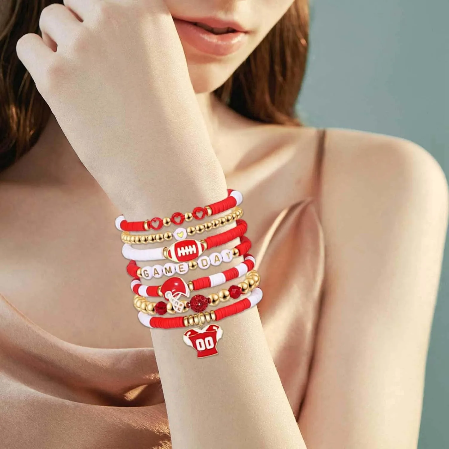 Gold Bracelets Game Day Bracelets for Women Football Bracelets Red Black Blue Clay Beaded Stretch Bracelets Stackable Sports Football Charm Bracelet Bangles Accessories Outfits