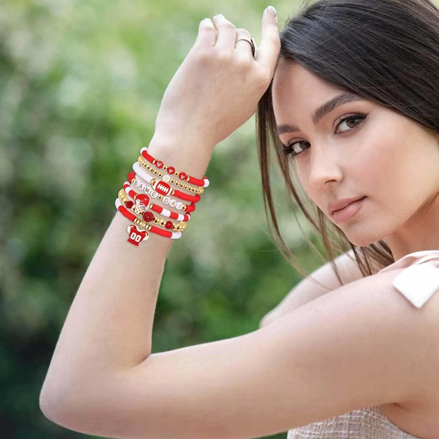 Gold Bracelets Game Day Bracelets for Women Football Bracelets Red Black Blue Clay Beaded Stretch Bracelets Stackable Sports Football Charm Bracelet Bangles Accessories Outfits