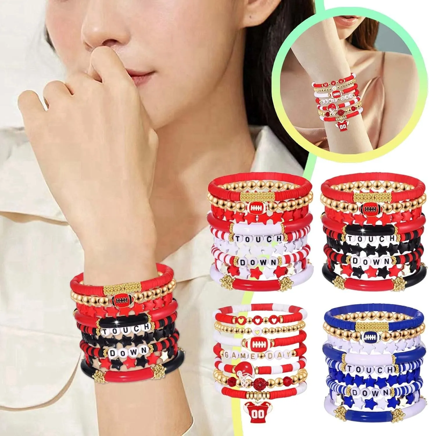 Gold Bracelets Game Day Bracelets for Women Football Bracelets Red Black Blue Clay Beaded Stretch Bracelets Stackable Sports Football Charm Bracelet Bangles Accessories Outfits