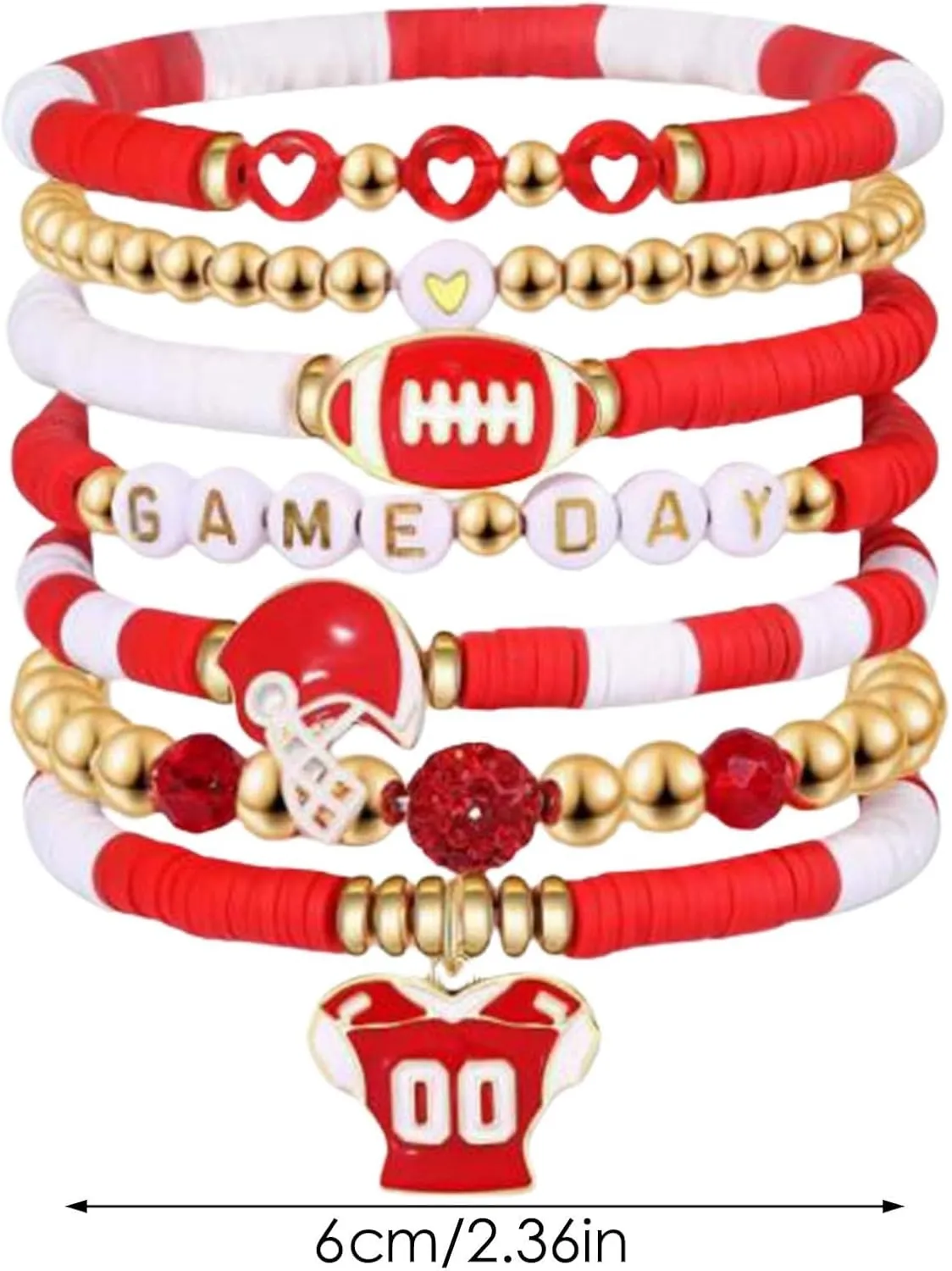 Gold Bracelets Game Day Bracelets for Women Football Bracelets Red Black Blue Clay Beaded Stretch Bracelets Stackable Sports Football Charm Bracelet Bangles Accessories Outfits