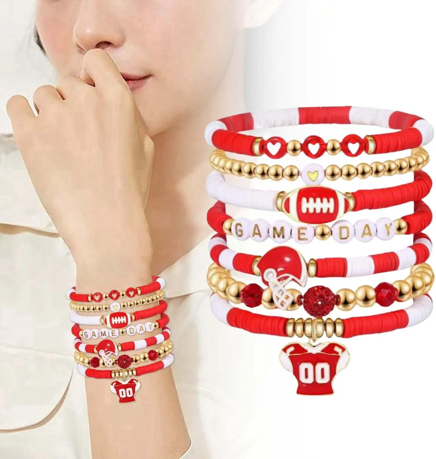 Gold Bracelets Game Day Bracelets for Women Football Bracelets Red Black Blue Clay Beaded Stretch Bracelets Stackable Sports Football Charm Bracelet Bangles Accessories Outfits