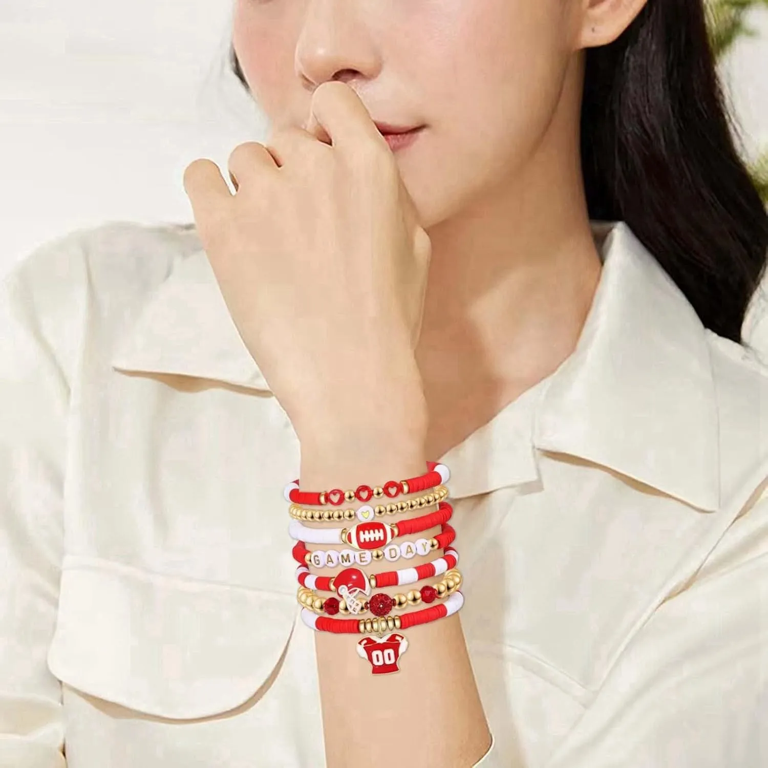 Gold Bracelets Game Day Bracelets for Women Football Bracelets Red Black Blue Clay Beaded Stretch Bracelets Stackable Sports Football Charm Bracelet Bangles Accessories Outfits