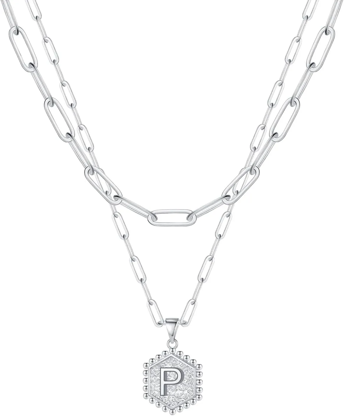Gold Initial Necklaces for Women,Gold Plated Layering Paperclip Chain Hexagon Initial Stackable Pendant Necklaces for Grils