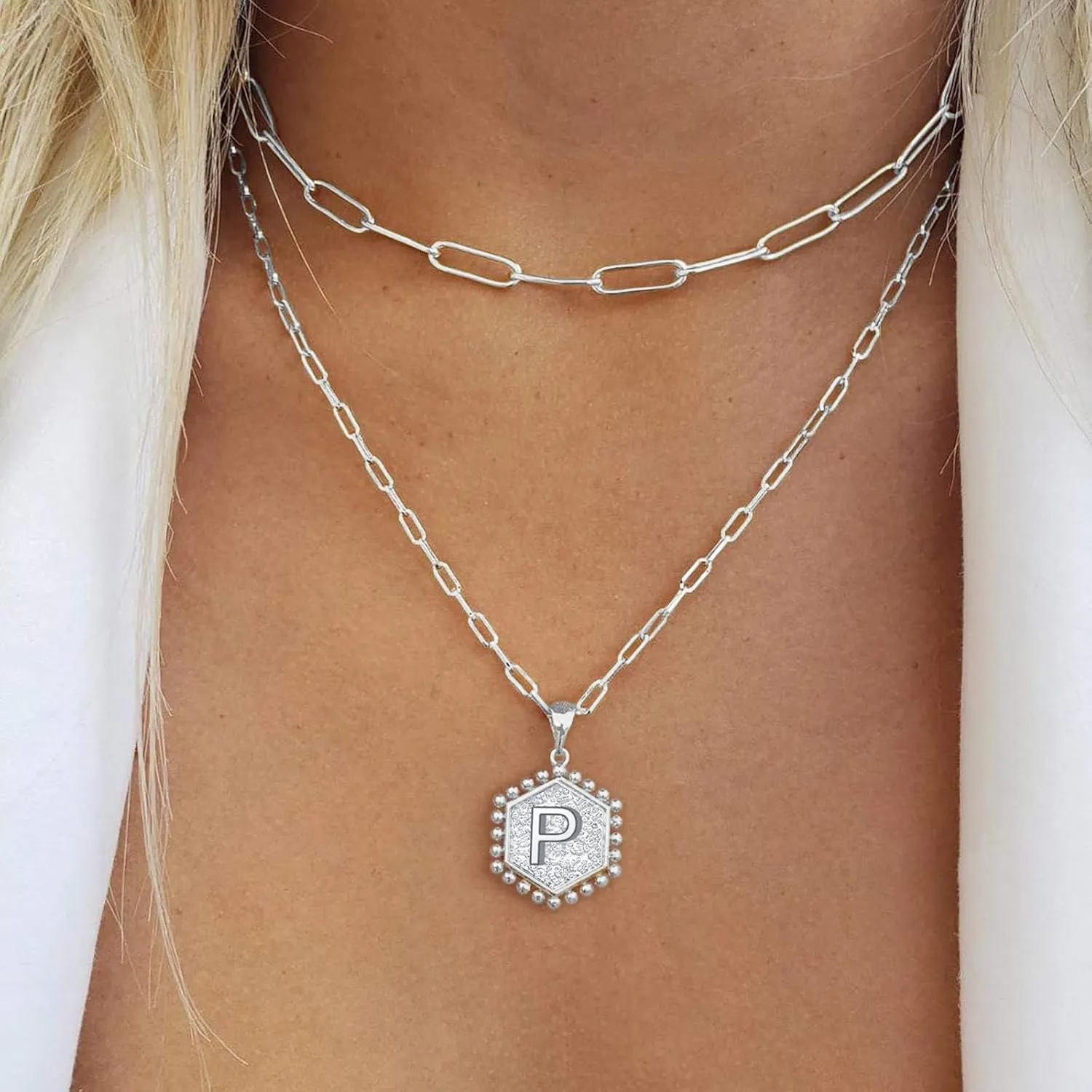 Gold Initial Necklaces for Women,Gold Plated Layering Paperclip Chain Hexagon Initial Stackable Pendant Necklaces for Grils