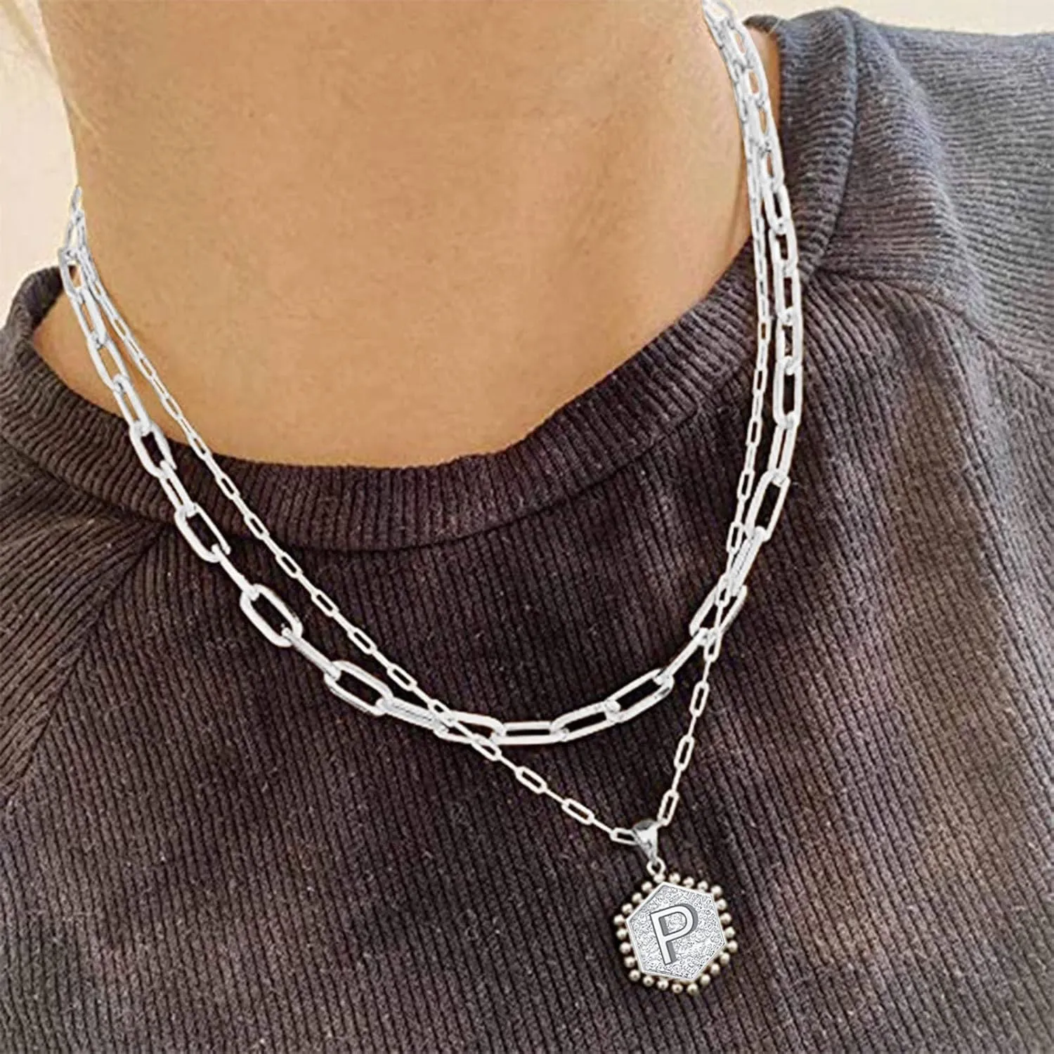 Gold Initial Necklaces for Women,Gold Plated Layering Paperclip Chain Hexagon Initial Stackable Pendant Necklaces for Grils