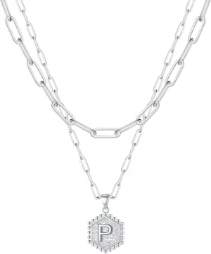 Gold Initial Necklaces for Women,Gold Plated Layering Paperclip Chain Hexagon Initial Stackable Pendant Necklaces for Grils