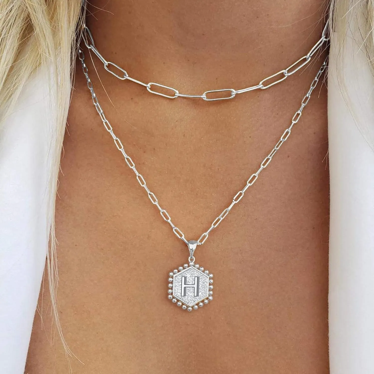 Gold Plated Initial Necklaces for Women,Dainty Paperclip Link Chain Necklace Trendy Layered Stacked Pendant Necklaces