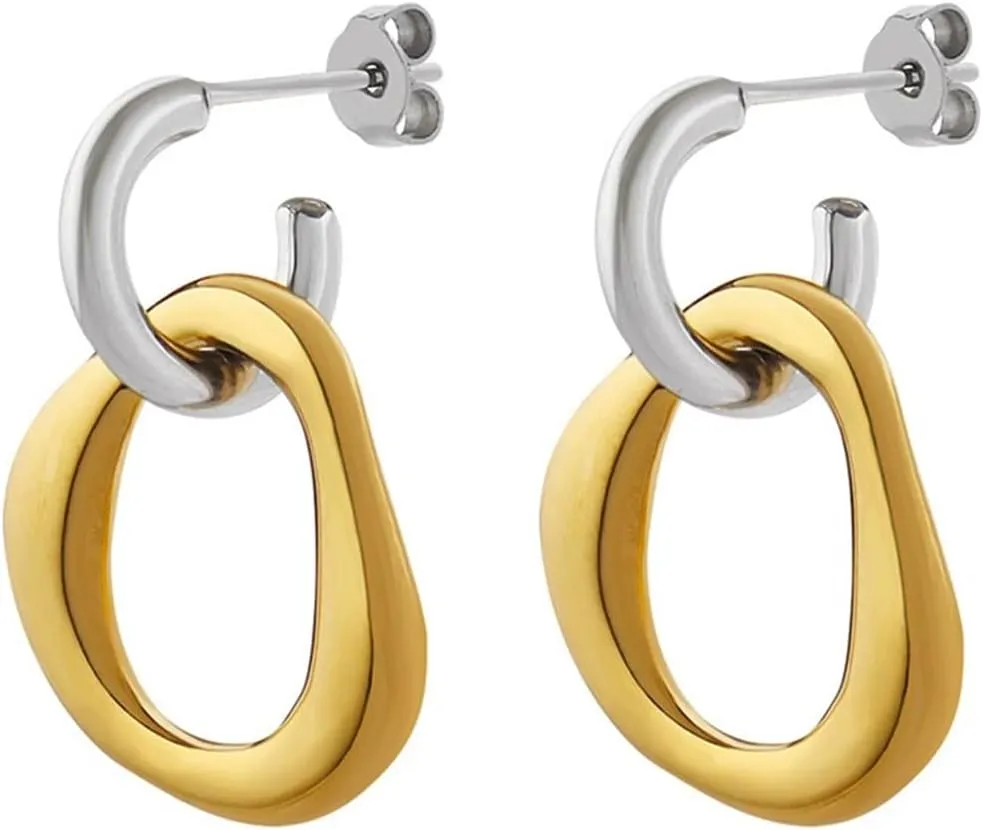 Gold Silver Two Tone Hoop Earrings for Women Irregular Chunky Circles Drop Earrings Geometric Fashion Dangle Jewelry Double Color Two Wear Earrings