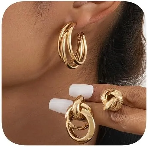 Gold Statement Earrings Set, 3 Pairs, Chunky Hoop, Double Circle Drop, Twisted Knot Studs