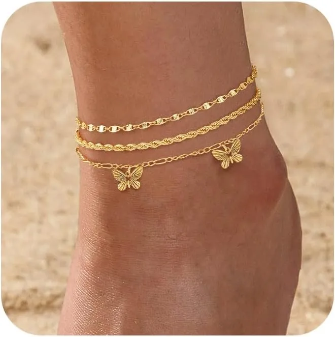 Gold/Silver Anklets for Women Ankle Bracelets for Women Waterproof Beach Layered Anklet Bracelets for Women Cuban Link Anklets Set Dainty Cute Heart Butterfly Anklets Non Tarnish Jewelry Gift