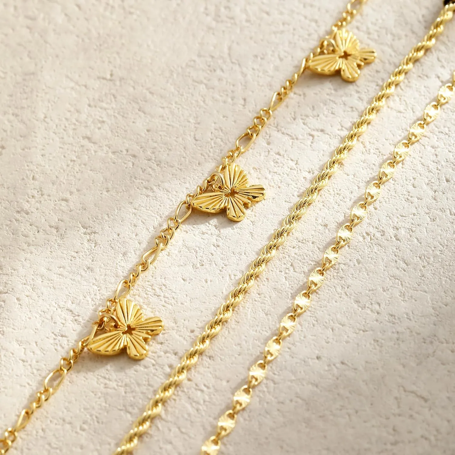 Gold/Silver Anklets for Women Ankle Bracelets for Women Waterproof Beach Layered Anklet Bracelets for Women Cuban Link Anklets Set Dainty Cute Heart Butterfly Anklets Non Tarnish Jewelry Gift