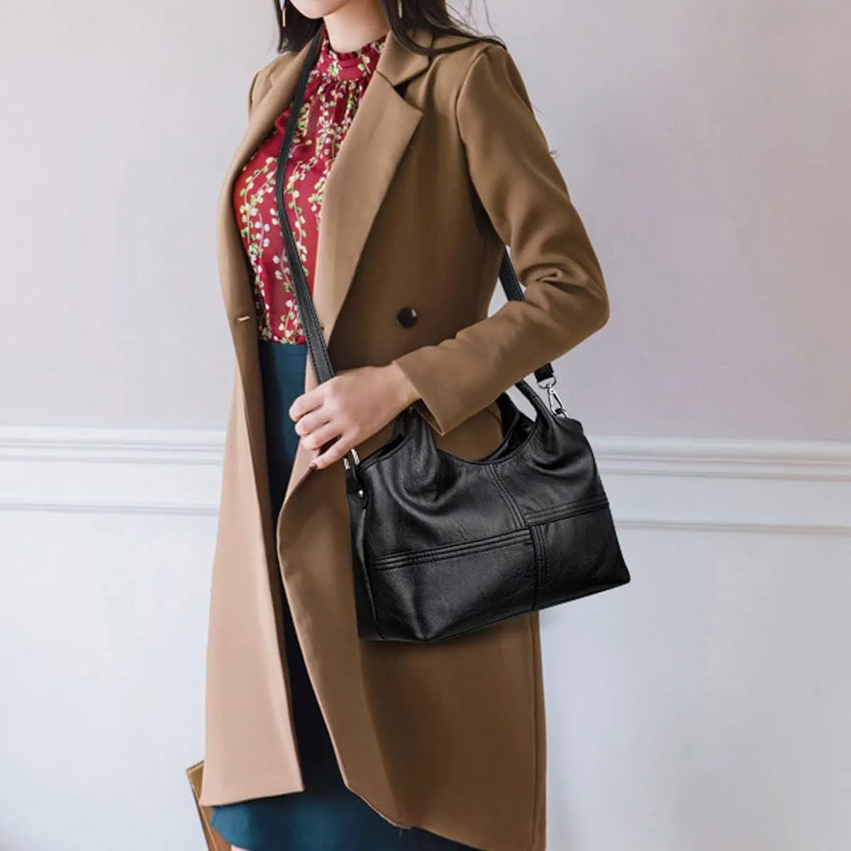 Handbag for Women PU Leather Top-Handle Satchel Ladies Shoulder Bag Stitching Tote Purse Crossbody Bag(Wine)