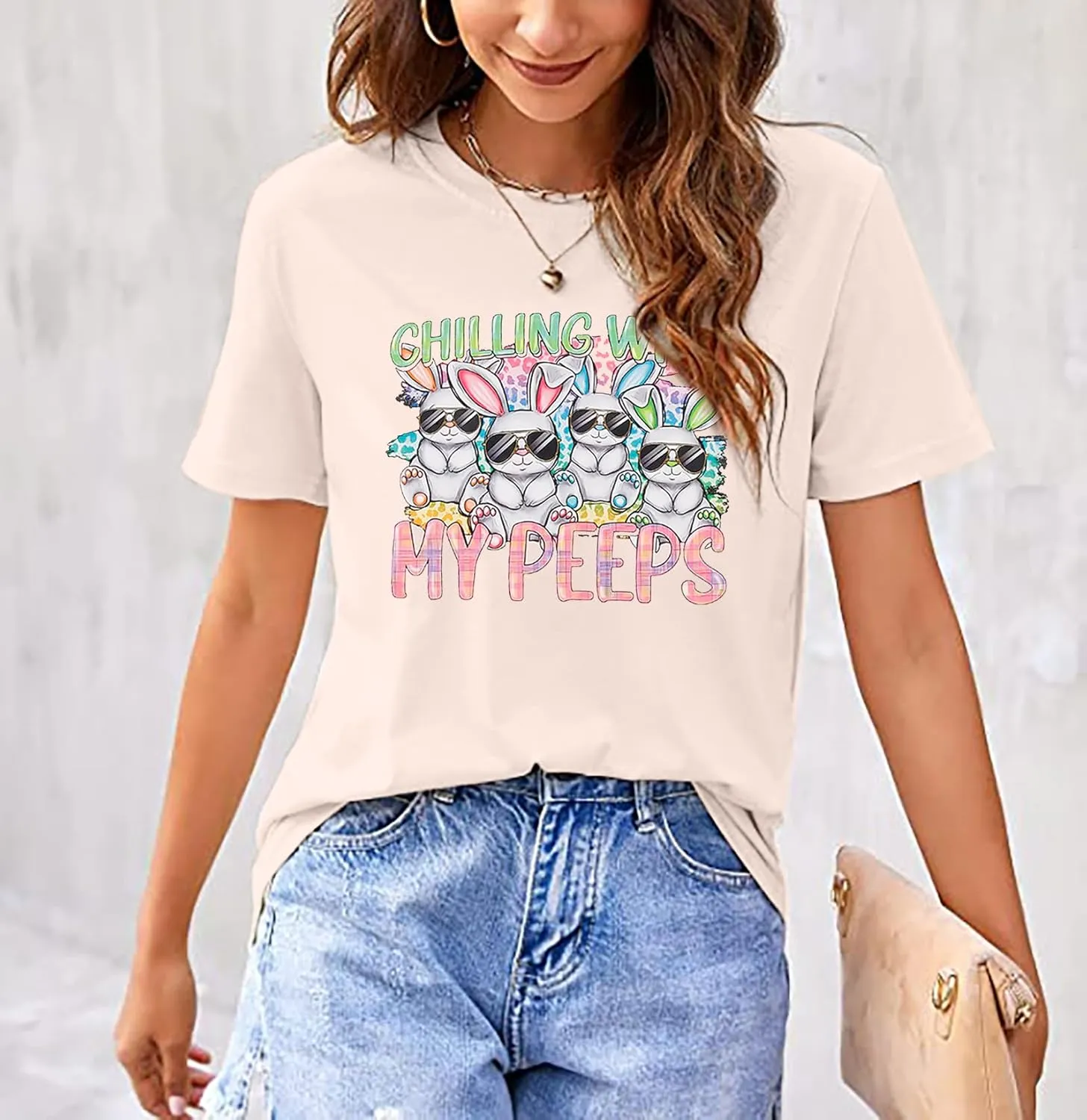 Happy Easter Shirt Women Bunny Shirts : Chillin with My Peeps Tshirt Cute Rabbit Graphic T-Shirt Easter Gift Tee Tops