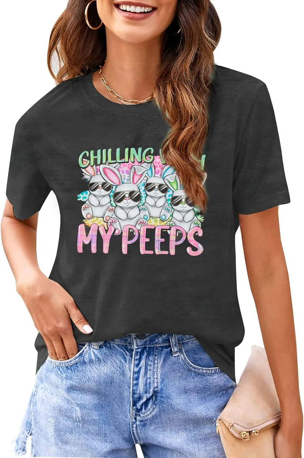 Happy Easter Shirt Women Bunny Shirts : Chillin with My Peeps Tshirt Cute Rabbit Graphic T-Shirt Easter Gift Tee Tops