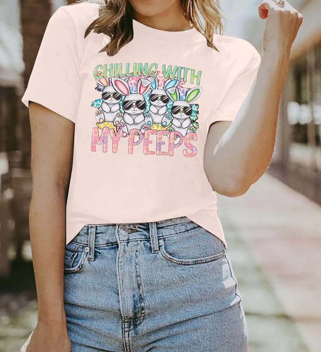Happy Easter Shirt Women Bunny Shirts : Chillin with My Peeps Tshirt Cute Rabbit Graphic T-Shirt Easter Gift Tee Tops