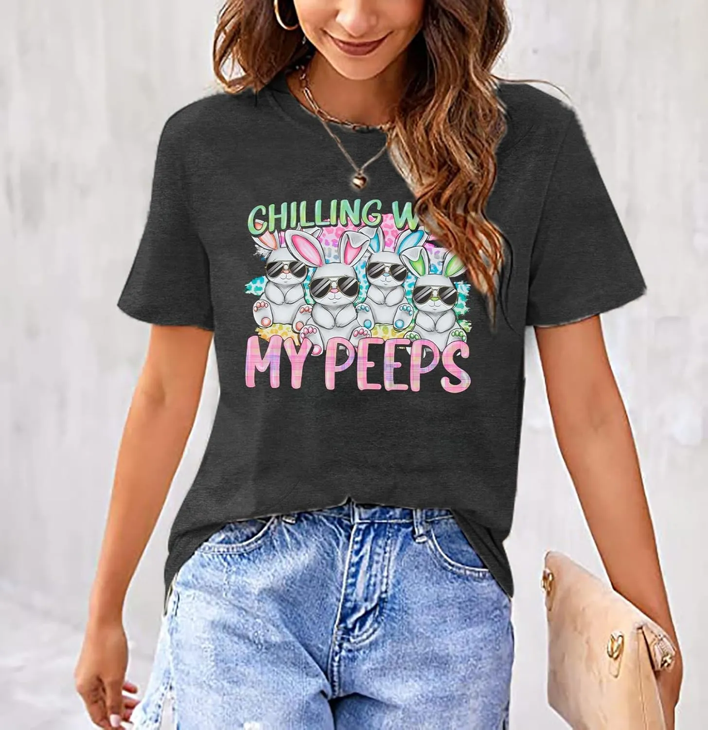 Happy Easter Shirt Women Bunny Shirts : Chillin with My Peeps Tshirt Cute Rabbit Graphic T-Shirt Easter Gift Tee Tops