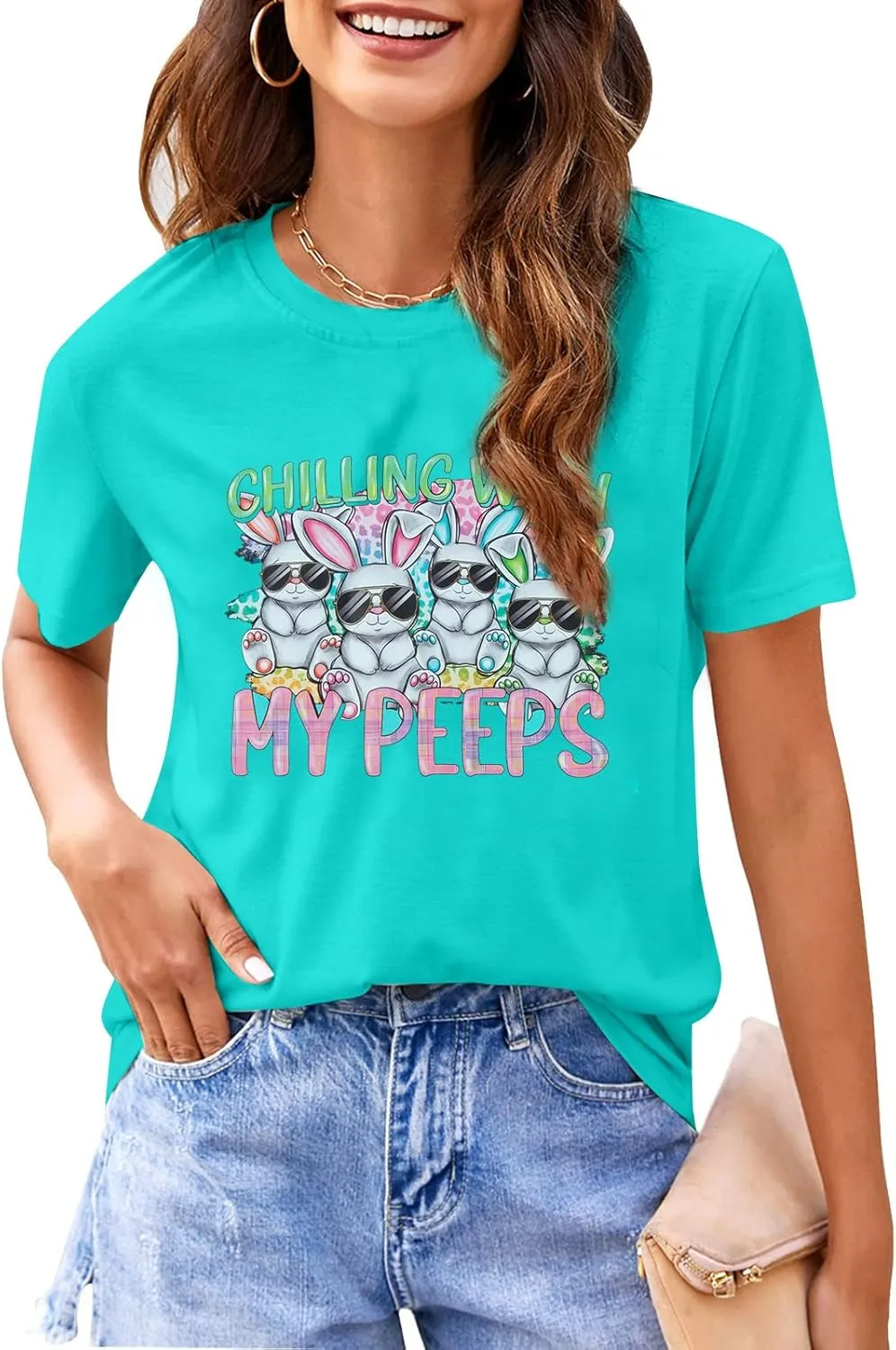 Happy Easter Shirt Women Bunny Shirts : Chillin with My Peeps Tshirt Cute Rabbit Graphic T-Shirt Easter Gift Tee Tops