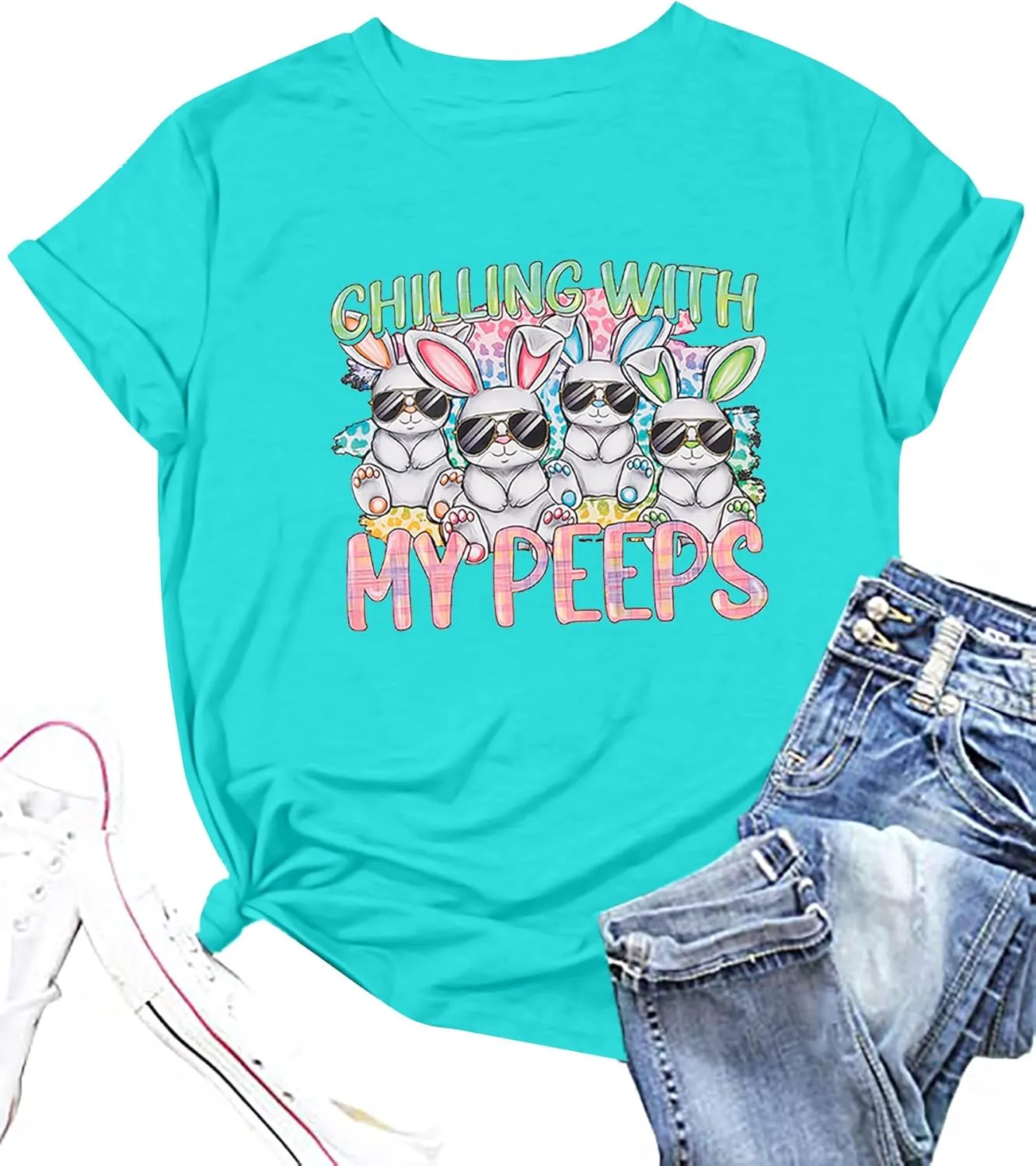 Happy Easter Shirt Women Bunny Shirts : Chillin with My Peeps Tshirt Cute Rabbit Graphic T-Shirt Easter Gift Tee Tops